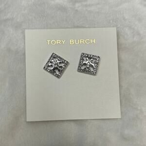 Tory Burch Kira Pavé silver tone Stud Earrings w/ Crystals, NEW